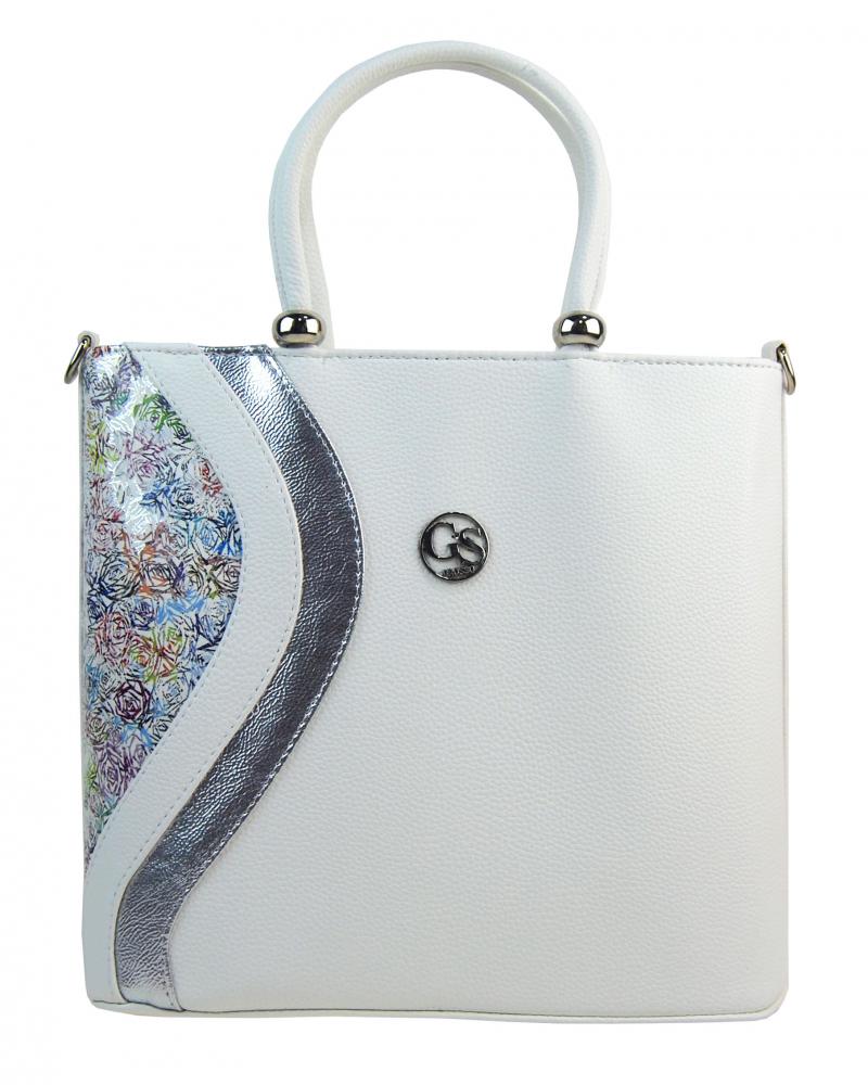 Bílá matná dámská kabelka s decentním květinovým vzorem stříbrných kvítků